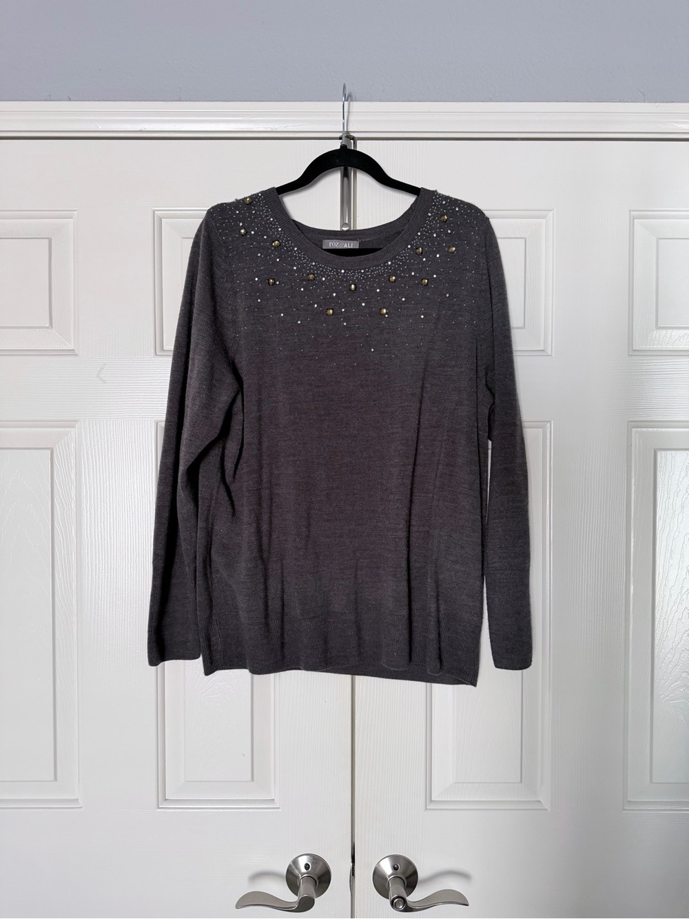 Roz & Ali Charcoal Crewneck Sweater with Beaded Neckline